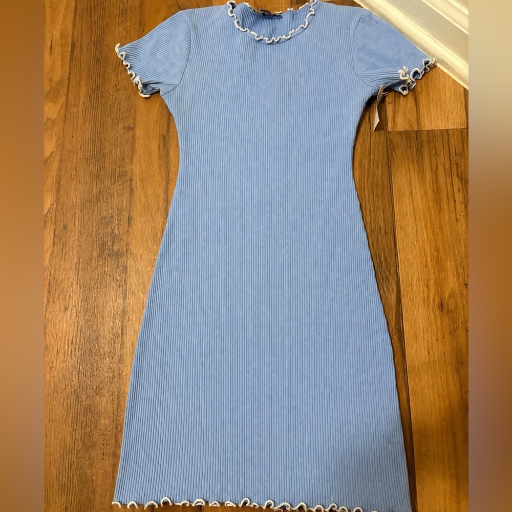 Zara Light Blue Ribbed Mini Dress with White Lettuce Trim